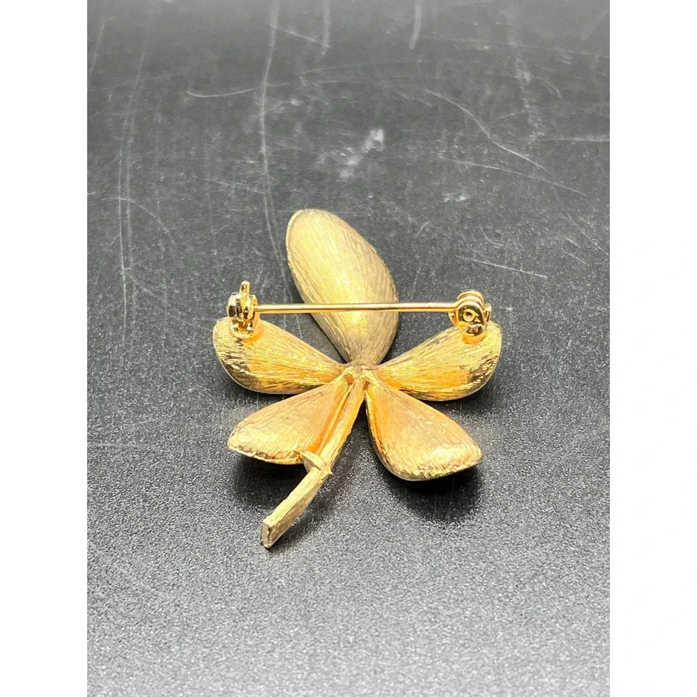 Vtg Gold Tone Floral Petal Pin Brooch Crystal‎ Accent Women's Jewelry Accessory